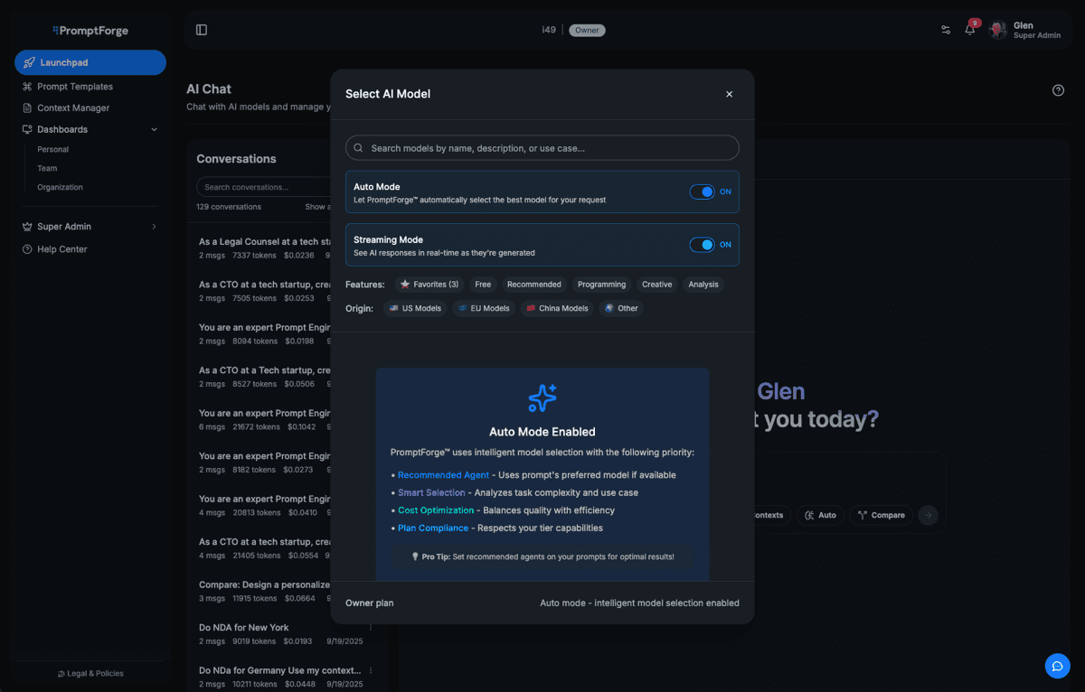 PromptForge AI Launchpad Interface